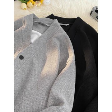 華夫格針織外套男秋季寬松V領開衫衛衣日系潮牌學生情侶休閑夾克