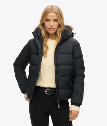 Superdry Women's Women's Faux Fur Short Hooded Puffer Jacket Black / Jet Black - Size: 14 Size: 10