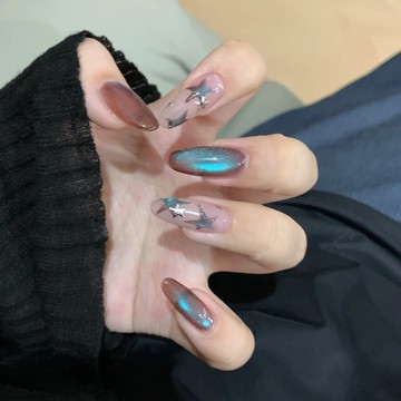 🎉Hannah🎉新品來襲純手工穿戴甲純慾藍棕貓眼手繪星星甜酷幻彩風百搭顯白美甲貼成品IIK29