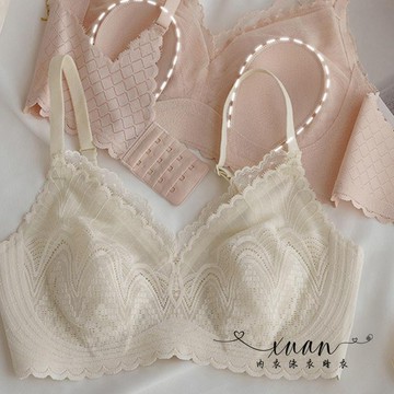 Xuan♥ 超薄款內衣女性感蕾絲大胸顯小胸罩無鋼圈收副乳無痕涼感文胸套裝