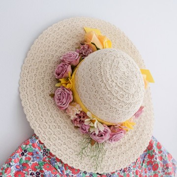 手作風ins日系古著屋可愛少女昭和復古大帽檐度假花朵草帽1入