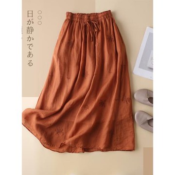 苧麻刺繡雙層半身裙女夏季薄款高腰顯瘦氣質中長款飄逸棉麻A字裙