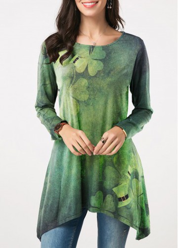 Clover Print Long Sleeve ST Patricks Day T Shirt