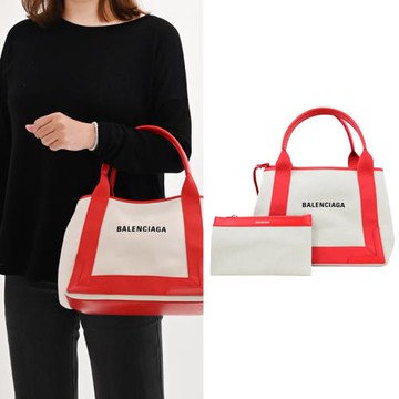 BALENCIAGA 巴黎世家 339933 NAVY 厚帆布皮飾手提大托特包.紅