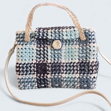 四色編織格紋紙帶肩背包 附蓋 手工製作