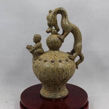 宋越窯全手工捏雕單龍戲珠嬰戲倒流壺老貨仿古瓷包老收藏品家居1入