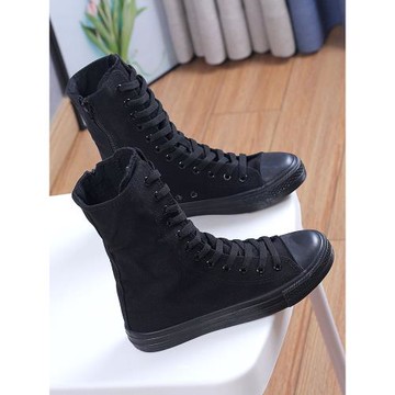 側拉鏈休閑內增高帆布鞋女2024新款韓版透氣百搭全黑色高幫街舞鞋