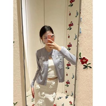 TE shushu早秋重工藝手工刺繡碎花針織毛衣甜美氣質通勤針織開衫