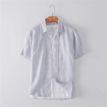【米蘭精品】亞麻襯衫短袖上衣-日系休閒格子輕薄男上衣74ev23