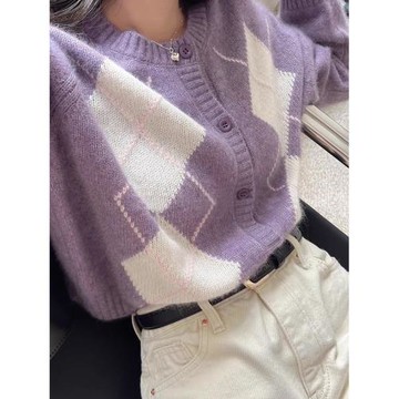 春季新款羊絨衫女圓領毛衣薄款拼色開衫外套外搭針織羊毛打底衫