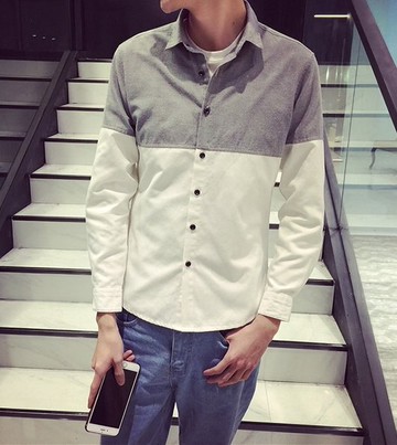 【JP.美日韓】簡約　拚色襯衫　質感佳　襯衫　拼接　潮流襯衫　灰色　黑白拚 特惠650