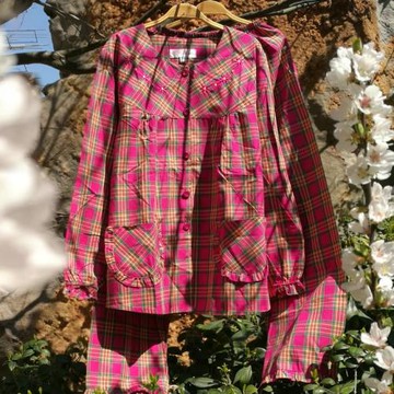 春秋女士色織粗布格子短袖長褲全棉棉布睡衣中年媽媽大碼繡花睡衣