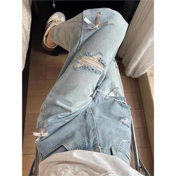 大碼破洞直筒牛仔褲女春秋胖mm梨形身材寬松顯瘦高腰闊腿拖地褲子