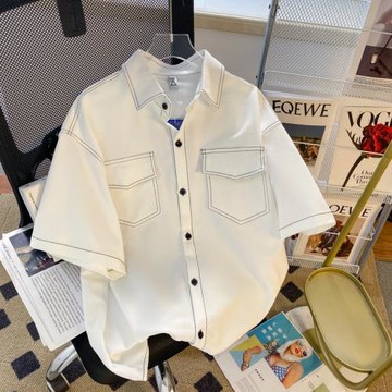 日系復古襯衫短袖男夏季小眾潮牌寬松輯明線休閑半袖工裝襯衣外套