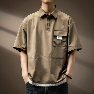 撞色拼接假兩件男T 寬鬆 Oversize 美式戶外假兩件短袖POLO衫男夏季涼感寬鬆高級感T恤套頭上衣0728