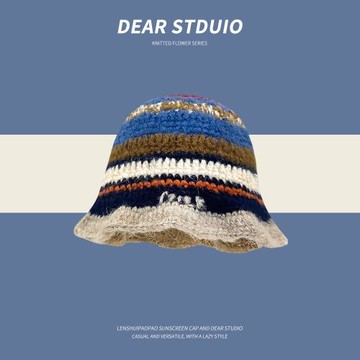 日系撞色條紋手工鉤針毛線帽子女秋冬季復古百搭顯臉小針織漁夫帽