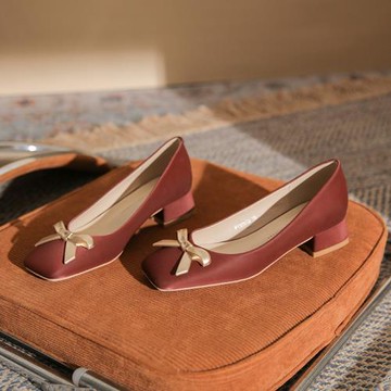 2024春季新款方頭粗跟氣質蝴蝶結高跟鞋百搭女款休閑鞋中跟舒適鞋