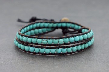 綠松石雙層纏繞皮革手鍊編織串珠