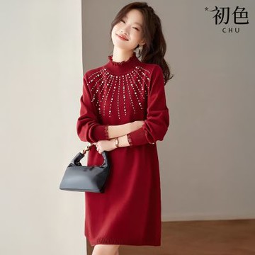 初色 氣質純色釘珠半高領長袖打底顯瘦針織針連衣裙連身洋裝裙膝上裙-共3色-16971(F可選)