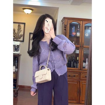 法式紫色短款針織開衫女早秋2025新款高級感超好看慵懶風毛衣外套