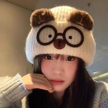 精選好物🌈可愛貓耳針織帽女秋冬保暖大頭圍顯臉小卡通貓咪眼鏡護耳毛線帽子