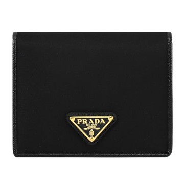 PRADA 1MV204 三角LOGO尼龍皮飾邊對開釦式零錢短夾.黑