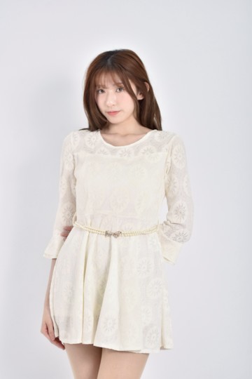 加購優惠(S) 質感長袖刺繡腰帶白色綁帶洋裝