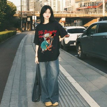 美式女生上衣 印花寬鬆情侶短袖T恤上衣夏慵懶風 男生短袖 oversize韓版短T夏季顯瘦寬鬆女半袖獨特
