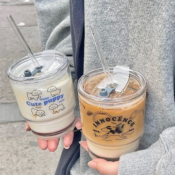 臺灣/免運✨咖啡杯韓風設計卡通小狗玻璃杯竹節杯吸管水杯咖啡杯早餐杯帶蓋情侶杯