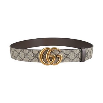 GUCCI GG Marmont 仿舊金屬G字LOGO皮革拼塗層帆布雙面扣式皮帶(烏木x咖啡)