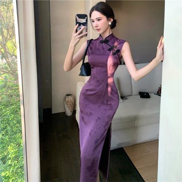 新中式緞面旗袍年輕款高端氣質收腰修身顯瘦復古改良連衣裙高級感