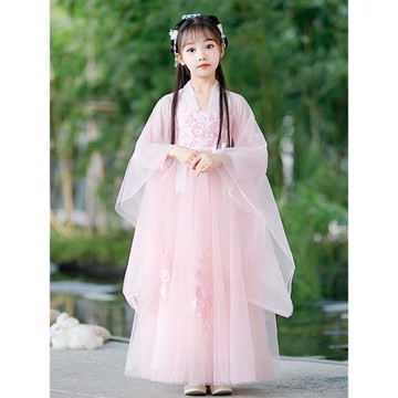 原創粉色漢服女童高端超仙裙子兒童古裝改良連衣裙古風大童小女孩