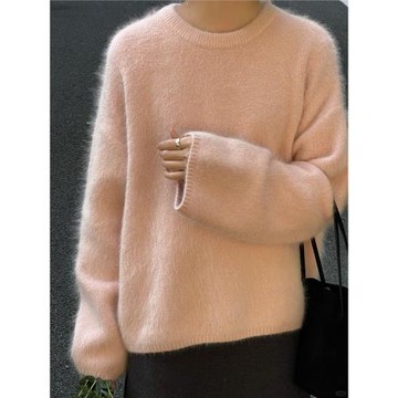 藕粉色兔絨韓系軟糯針織衫慵懶風寬松毛衣女秋冬季加厚保暖上衣