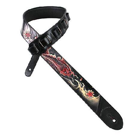 Walker And Williams KB-24 Black ＆ Ruby Red 2" Premium Carved Grain Leather Guitar Strap With Koi Fish Design For Acoustic, Electric, And Bass Guitars