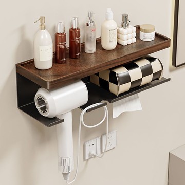 收納架 浴室毛巾架 置物架 高級胡桃木吹風機置物架新款衛生間浴室洗漱臺免打孔手紙盒放置架