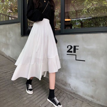 百搭半身裙女新款韓版不規則壓褶裙松緊腰拼接中長款大擺裙子1入