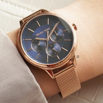 RELAX TIME 經典三眼米蘭帶手錶-午夜藍 RT-79-5