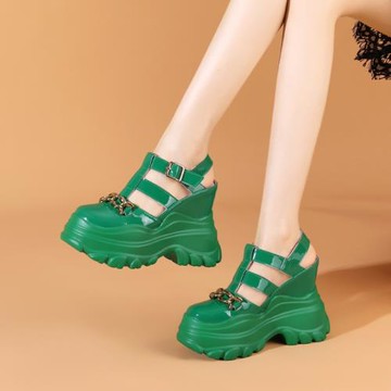 12CM超高跟松糕鞋夏季新款真皮漆皮時尚坡跟綠色涼鞋包頭后空女鞋