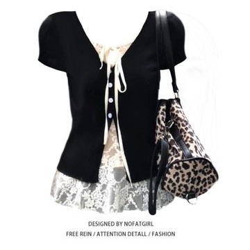 大碼胖MM韓系純欲風蕾絲拼接假兩件短袖T恤女夏季修身顯瘦上衣ins