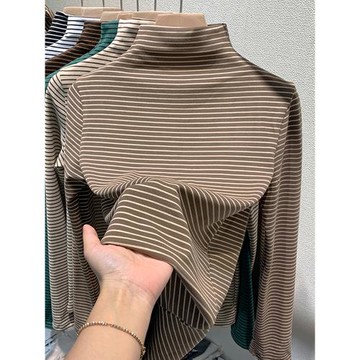 條紋半高領雙面德絨打底衫女加厚秋冬內搭2024新款加絨長袖t恤潮