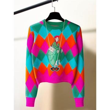 刺繡菱格洋氣高腰長袖套頭毛衣女秋冬新款保暖打底針織衫外穿上衣