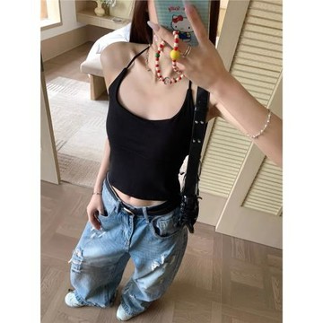 可可里自制辣妹風百搭掛脖吊帶背心女內搭外穿帶胸墊美背短款上衣