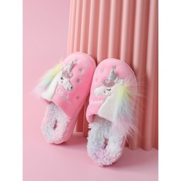 女童拖鞋2025冬季家居室內防滑厚可愛卡通獨角獸女孩保暖毛毛棉鞋