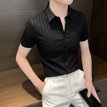 卡尼爾男裝-条纹衬衫男短袖夏季薄款冰丝2023新款衬衣痞帅高级感男装上衣服潮