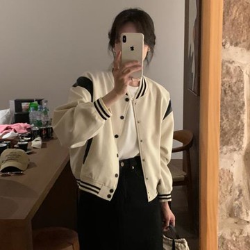 休閑白色棒球服外套女春秋新款美式小個子短款撞色飛行員機車夾克
