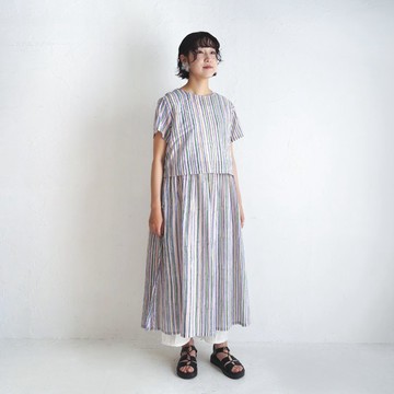 莫代爾棉手工織布套裝連身裙 / 條紋粉色