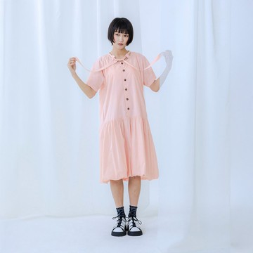 綁帶半開襟泡泡洋裝