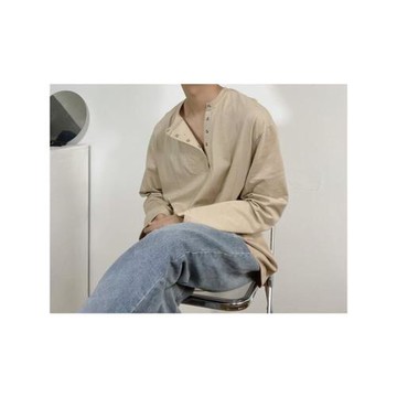 設計感小眾領口紐扣長袖t恤男秋季新款百搭慵懶風休閑寬松體恤潮