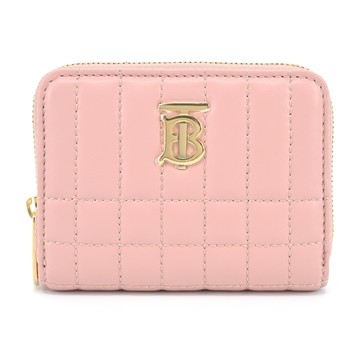 BURBERRY  Lola TB金字LOGO格紋絎縫羔羊拉鍊零錢包（粉色）_廠商直送