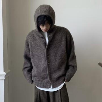 港風針織小外套拉鍊外套男 秋冬季潮牌慵懶風毛衣高級感素色連帽外套